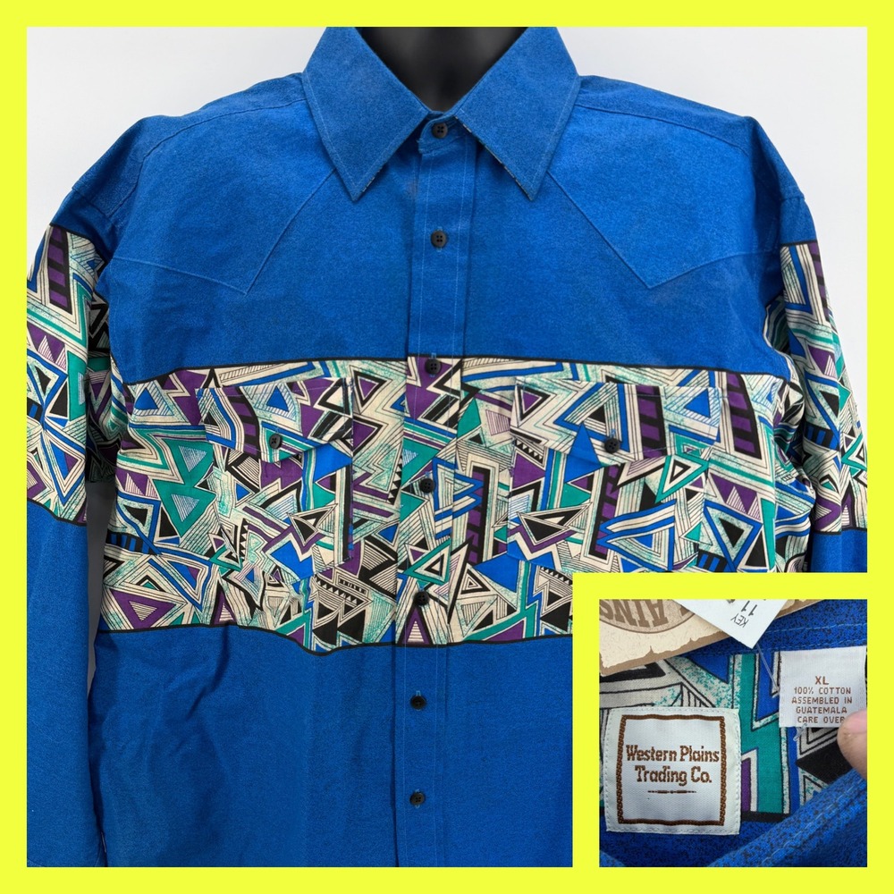 NWT Vintage Western Plains Trading Co Shirt Mens XL Blue Geometric‎ Aztec 90s